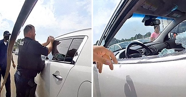 A police officer breaking a car window to save a 2-month-old infant locked inside. | Source: youtube.com/Euclid Police Department