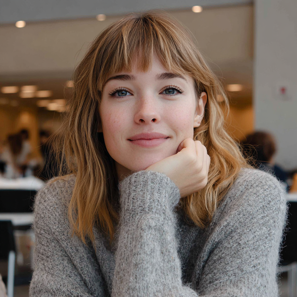 A smiling woman in a gray sweater | Source: Midjourney
