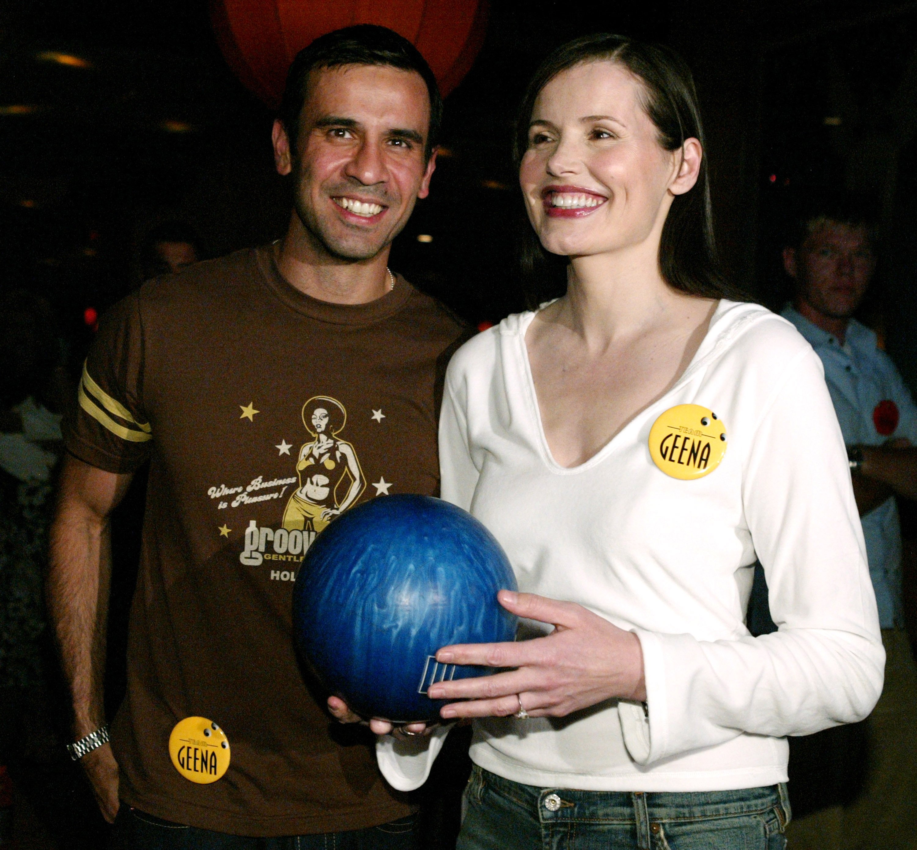 Dr. Reza Jarrahy and Geena Davis during 2003 ESPY Awards pre-party at Lucky Strikes in Hollywood, California. / Source: Getty Images