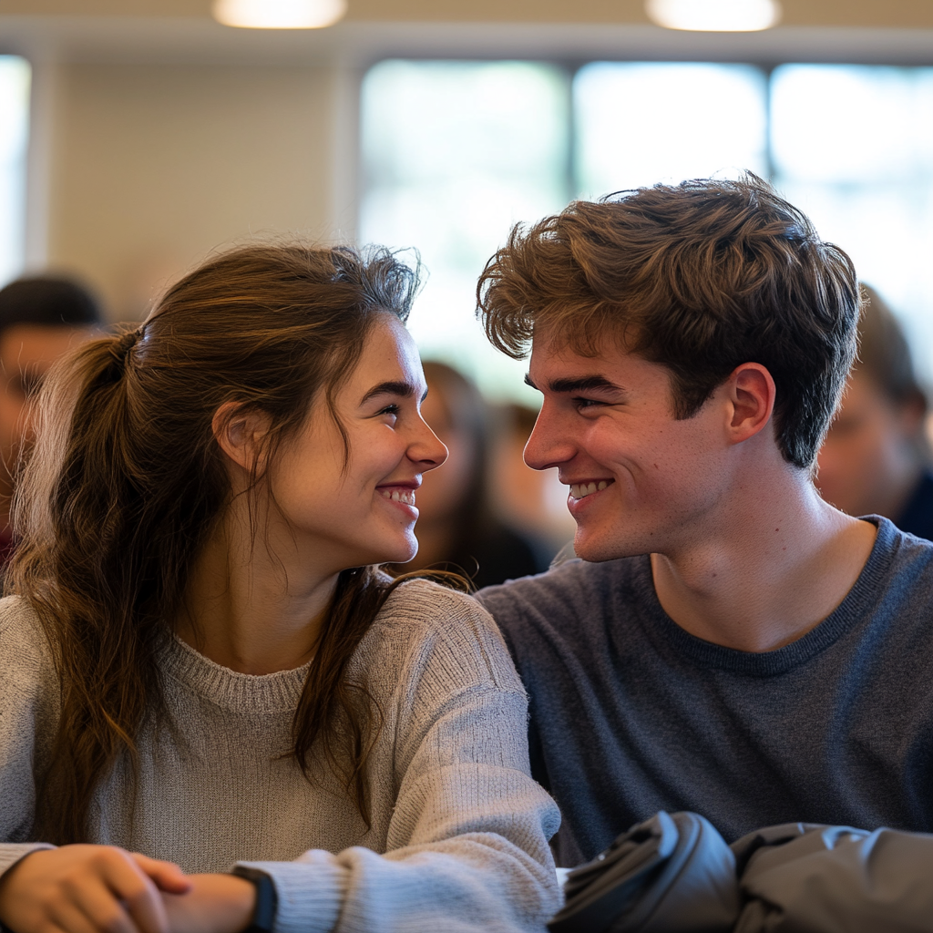 A young woman and man looking at each other while sitting in a classroom | Source: Midjourney