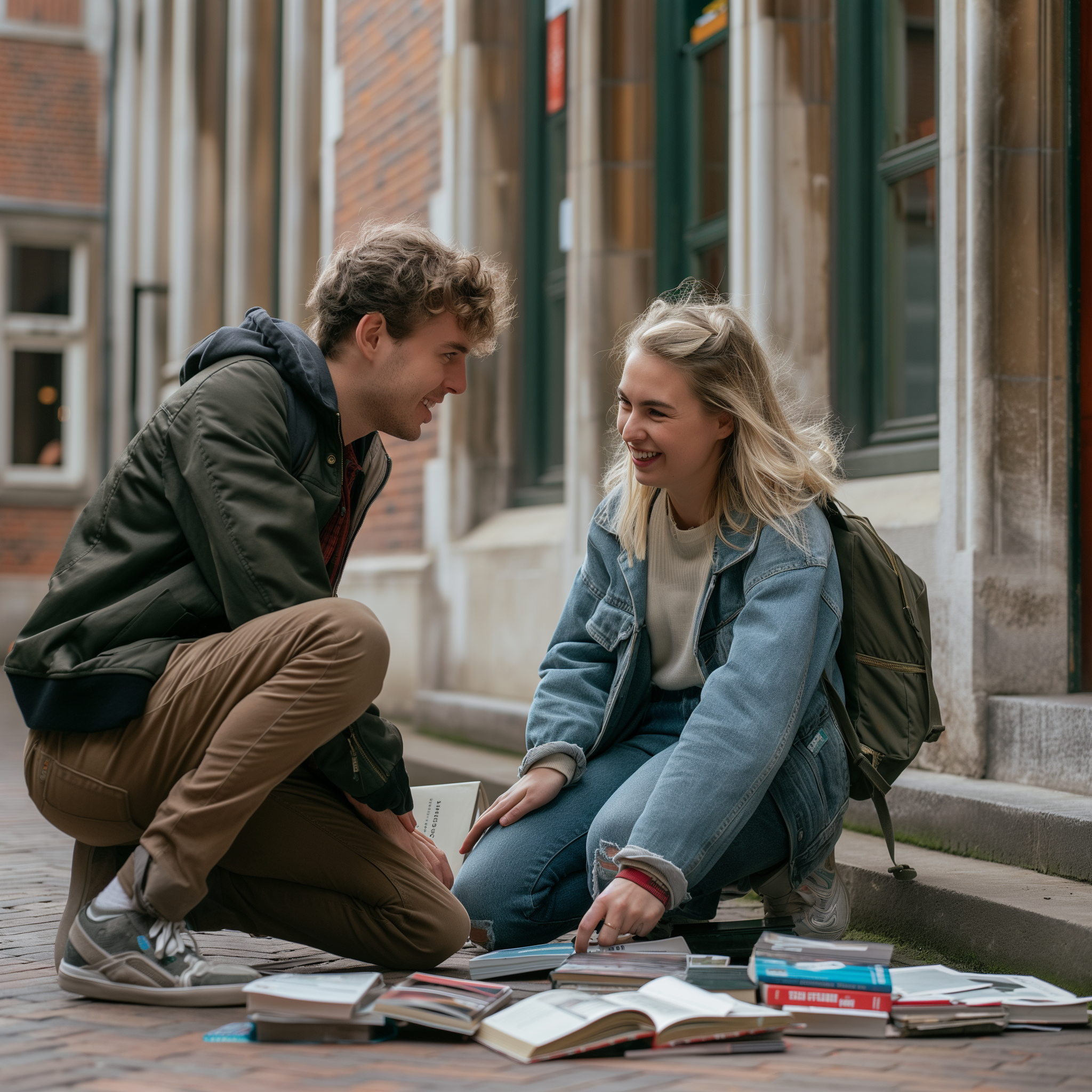 A woman bumps into a man on a college campus and books are scattered around them | Source: Midjourney