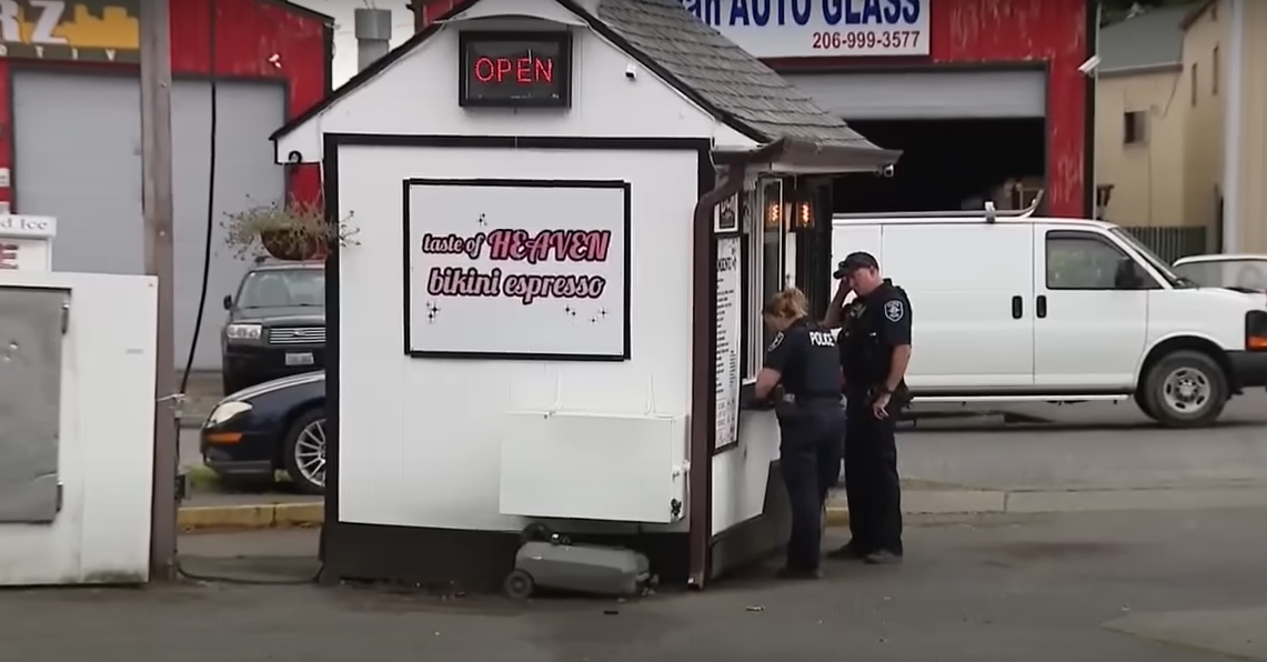 Cops outside Emma Lee's coffee stand following the incident | Source: YouTube / FOX 13 Seattle