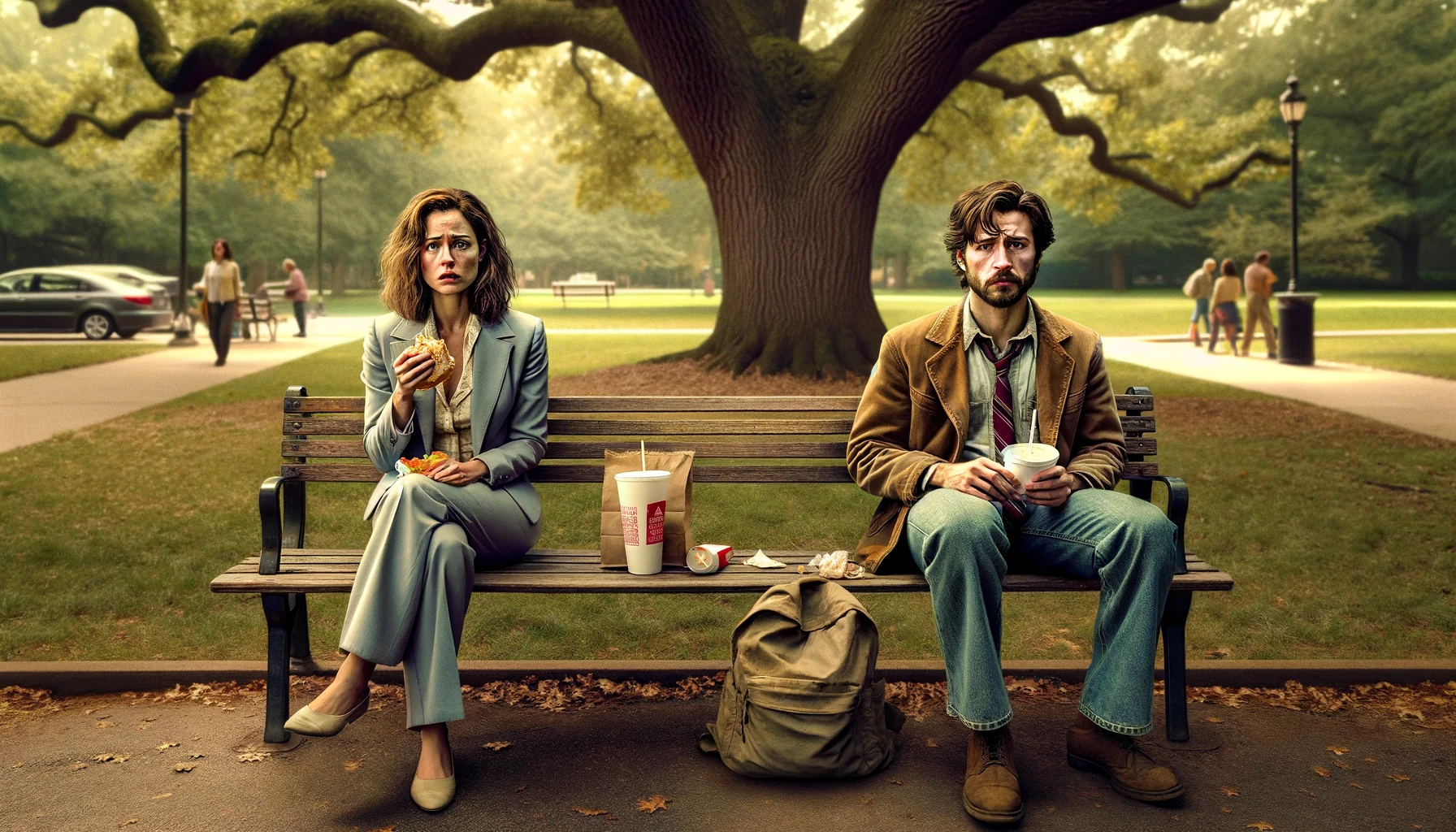 A woman and man eating fast food on a park bench | Source: DALL-E