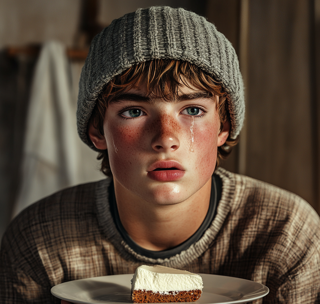 An emotional teenage boy holding a plate with a slice of cake | Source: Midjourney