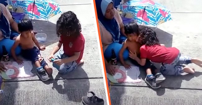 Cheikh le entrega sus medias y zapatos a el niño sin hogar [izquierda]; Cheikh besa a un niño sin hogar [derecha]. | Foto: Youtube.com/Sahouli Cheikh Faizal