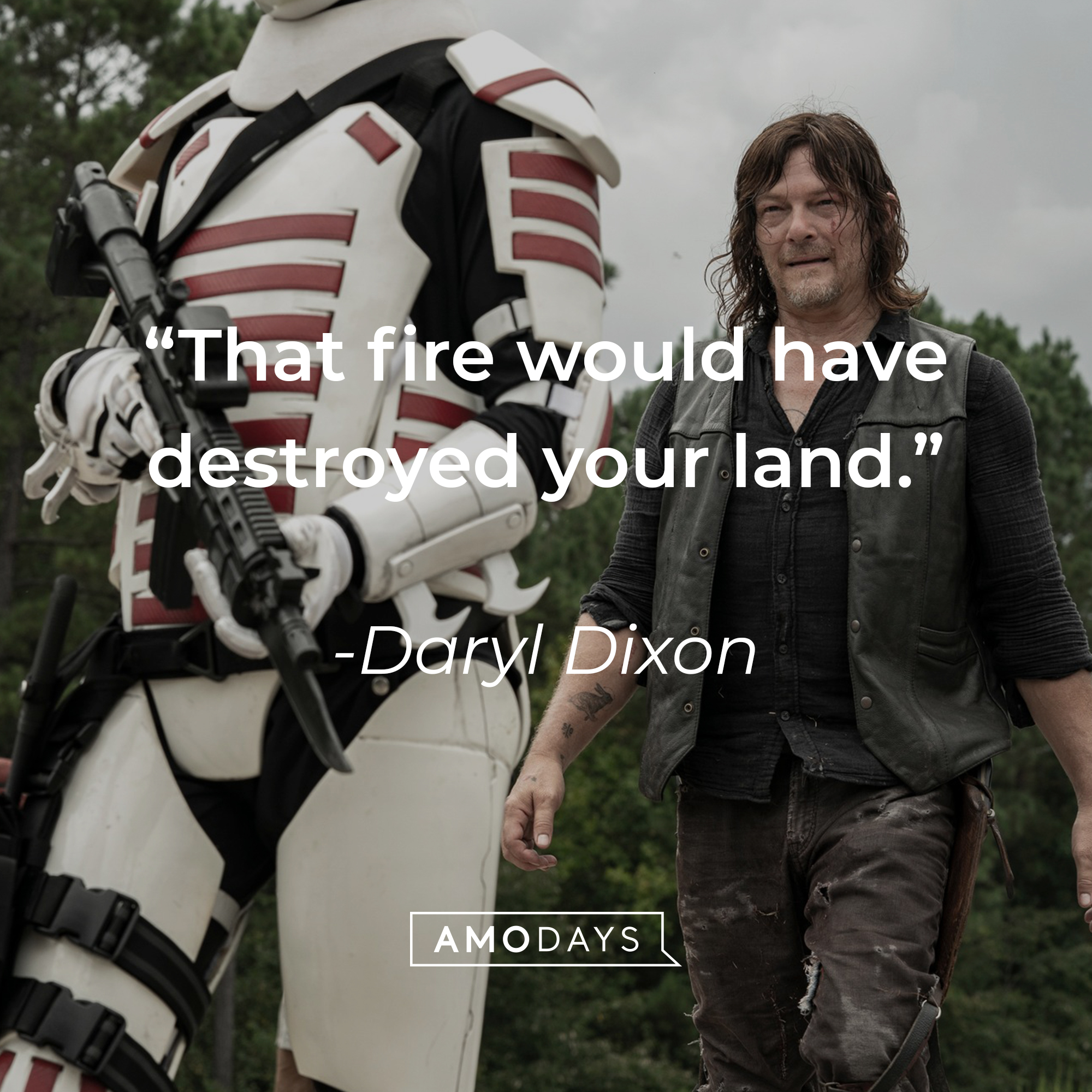 An image of Daryl Dixon with his quote: “That fire would have destroyed your land.” | Source: facebook.com/TheWalkingDeadAMC