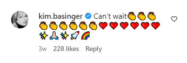 Kim Basinger's comment about her being excited for the birth of her first grandchild posted as a comment on Ireland Baldwin's Instagram post published on April 5, 2023 | Source: Instagram.com/@irelandirelandireland