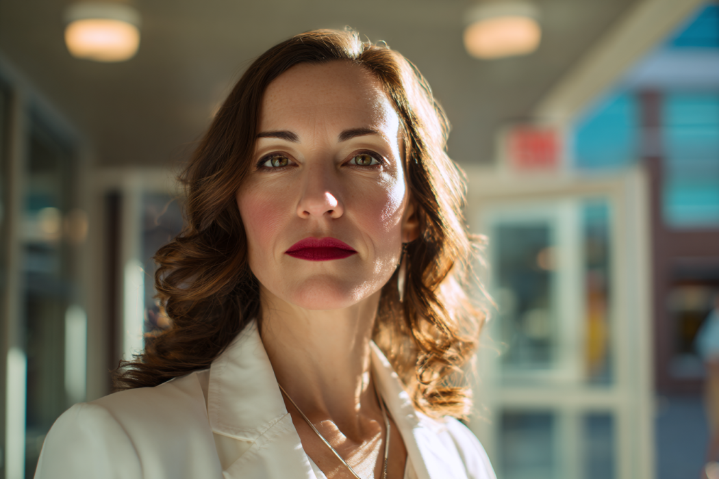 Close-up shot of a woman in a white blazer standing near a hospital cafeteria | Source: Midjourney