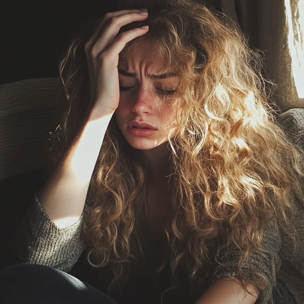 An upset woman sitting on a couch | Source: Midjourney