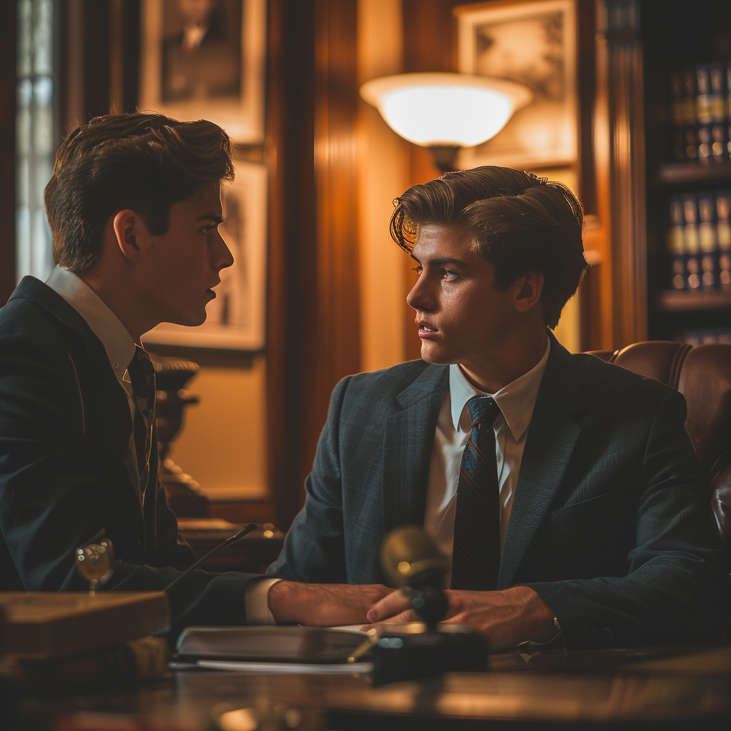 Two young men in suit chatting at a lawyer's office | Source: Midjourney