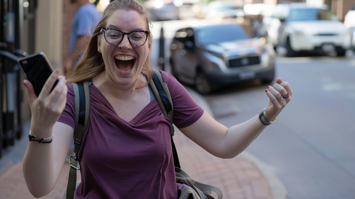 Happy woman with phone | Source: Midjourney