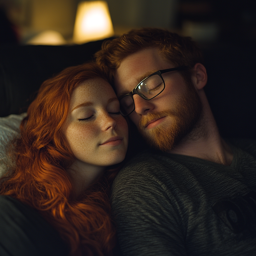 A woman leaning against her man | Source: Midjourney