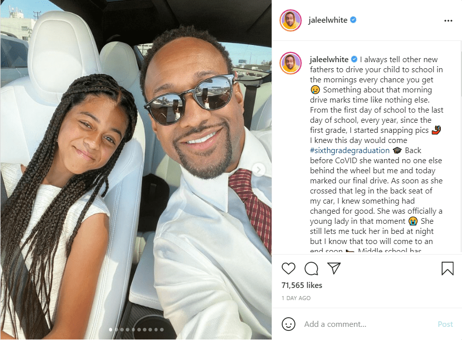 Jaleel White's heartwarming message to his look-alike daughter, Samaya White, along with their car selfie. | Photo: instagram.com/jaleelwhite