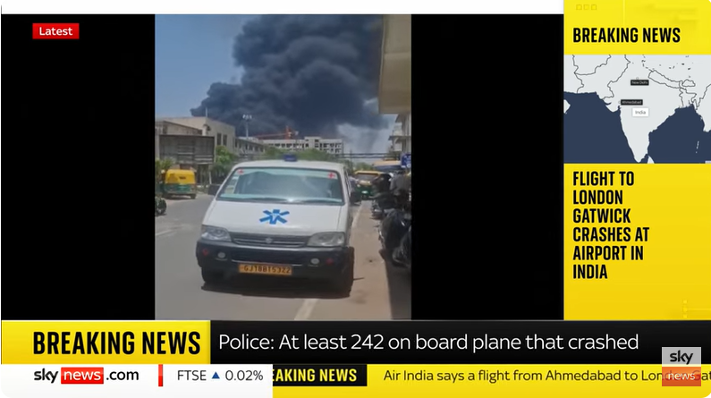 Huge plumes of smoke visible from near the Indian airport in the city of Ahmedabad after the plane crash, from a post dated June 12, 2025 | Source: Youtube/@SkyNews