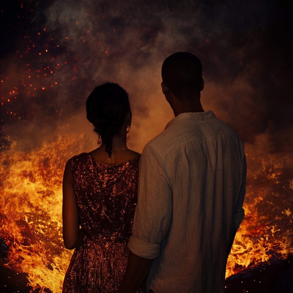 Couple standing next to a pit of fire | Source: Midjourney