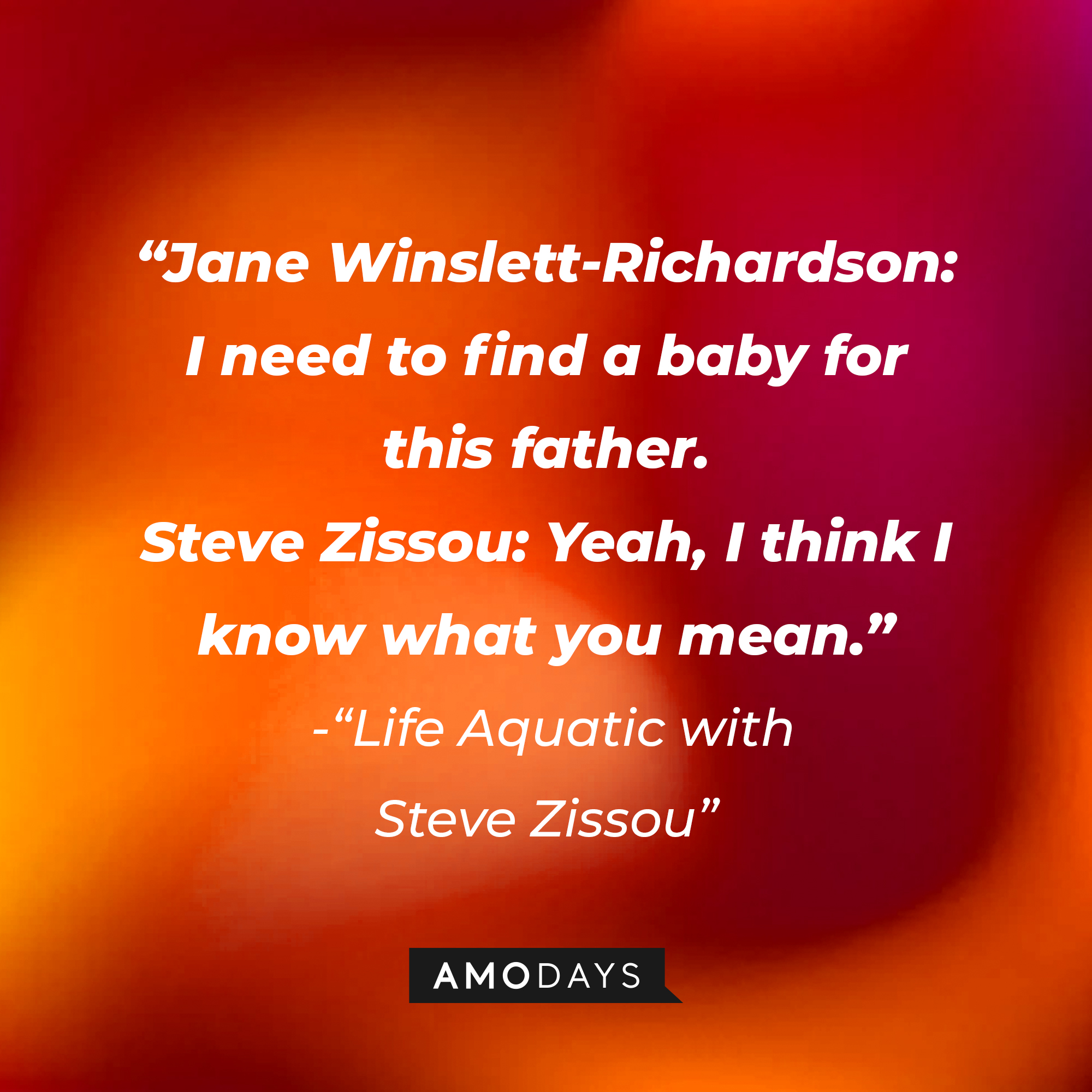A photo with the dialoge, "Jane Winslett-Richardson: I need to find a baby for this father. Steve Zissou: Yeah, I think I know what you mean." | Source: Amodays