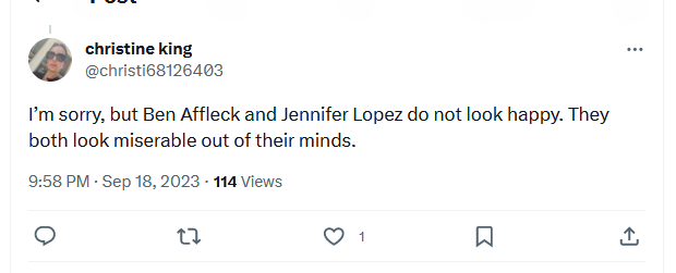 A fan comments on Ben Affleck and Jennifer Lopez's appearance on latest outing | Source | Twitter.com/christi68126403