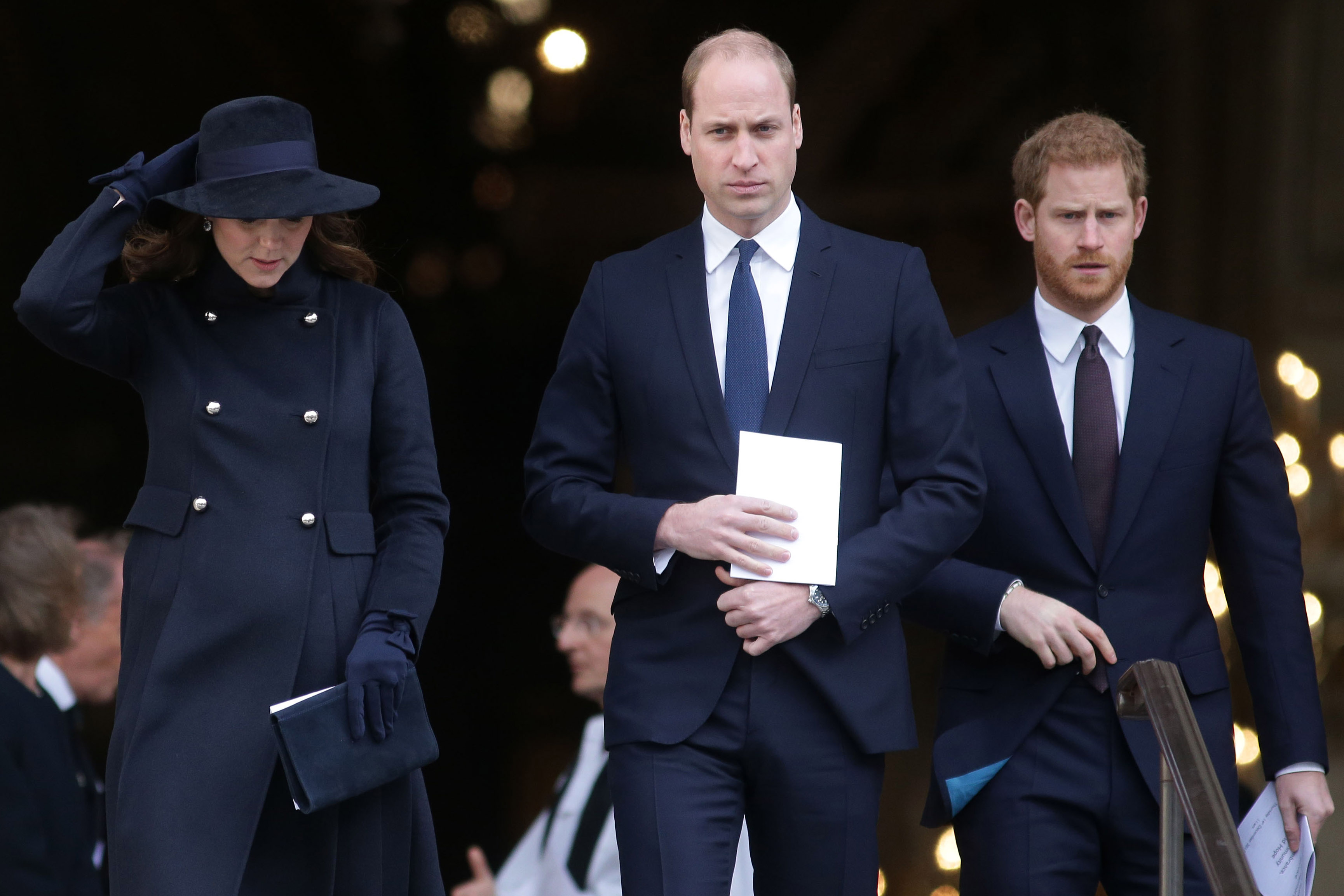 Catherine, Duchess of Cambridge, Prince William, Duke of Cambridge and Prince Harry after attending the Grenfell Tower National Memorial Service at St Paul's Cathedral on December 14, 2017 in London, England | Source: Getty Images