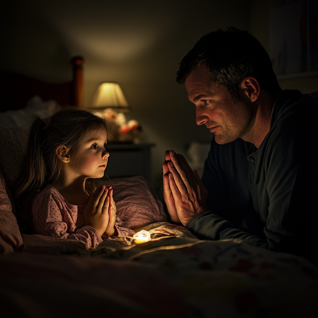 Father praying with his daughter | Source: Midjourney