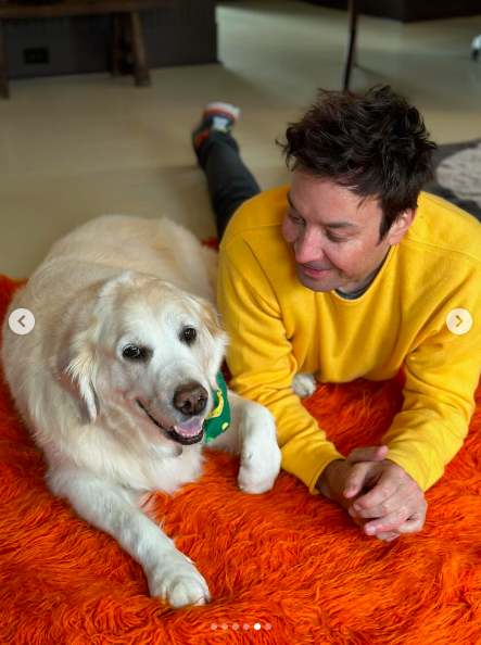 Gary and Jimmy Fallon laying on an orange rug together, posted on October 20, 2025. | Source: Instagram/jimmyfallon
