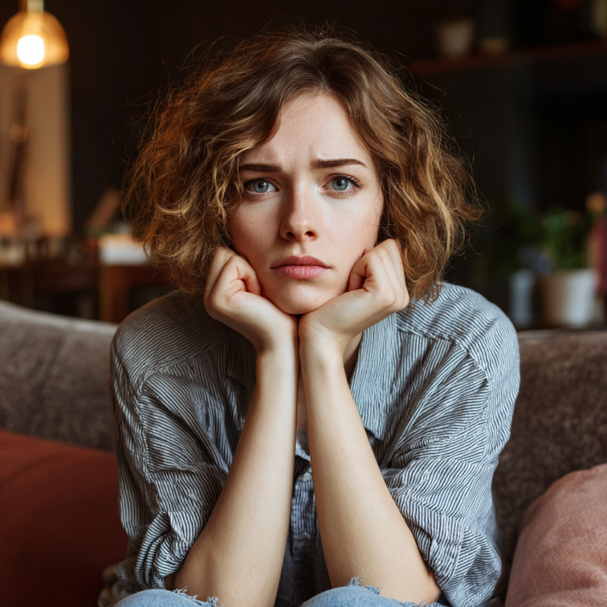 A woman sitting on a couch looking worried | Source: Midjourney