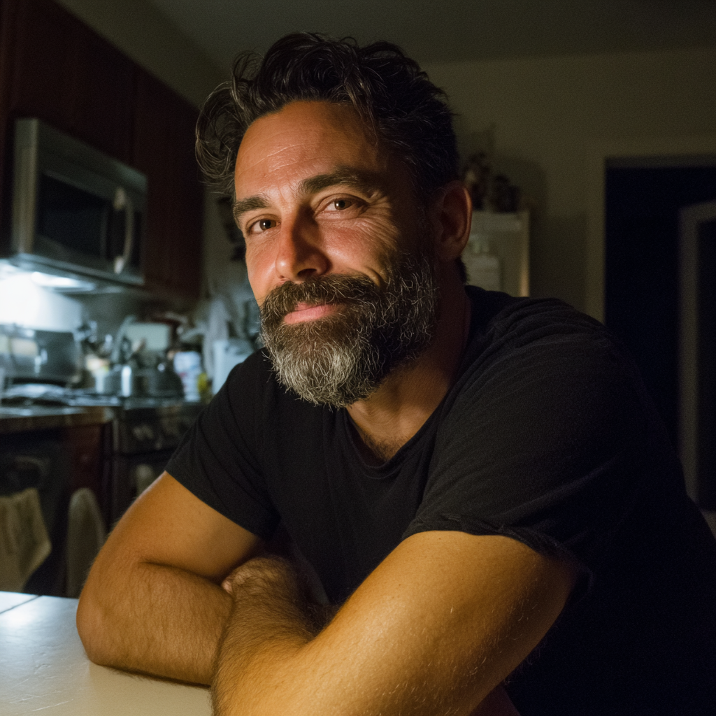 A smiling man sitting at a kitchen table | Source: Midjourney
