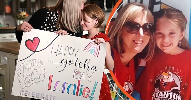 Loralie Henry and Zoe Henry holding up a poster celebrating the day Loralie officially got adopted [left]; Loralie Henry and Zoe Henry [right].┃Source: facebook.com/ABC7 twitter.com/DailyMirror