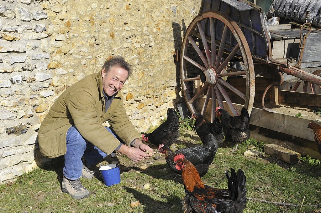 Gérard KLEIN nourrit les poules dans sa ferme de Houdan (Yvelines), un petit village à soixante kilomètres de Paris. Février 2008. | Photo : Getty Images
