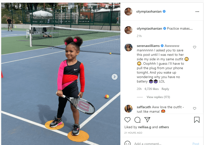 Instagram image of Olympia posing on a tennis court | Photo: Instagram/olympiaohanian