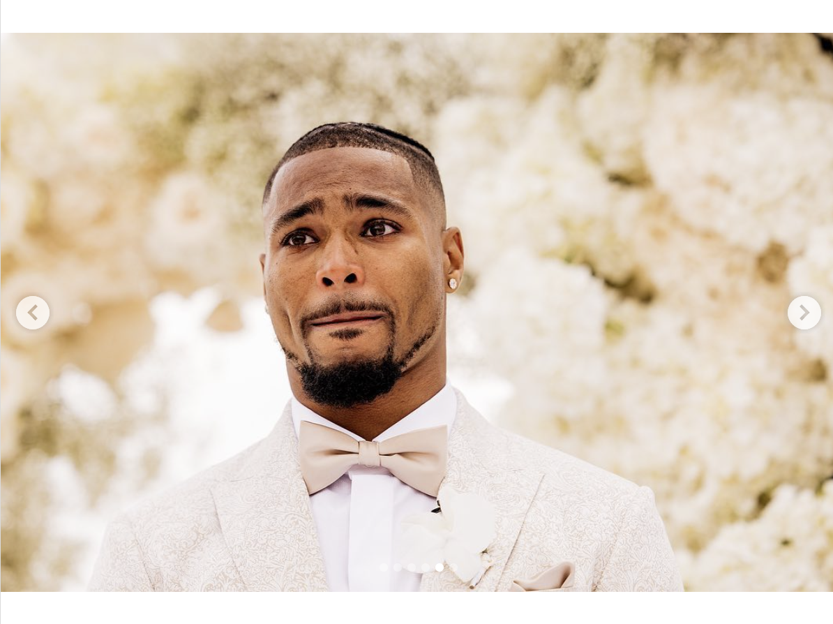 A teary-eyed Jonathan Owens during his wedding ceremony, as seen in a post dated May 9, 2023 | Source: Instagram/simonebiles