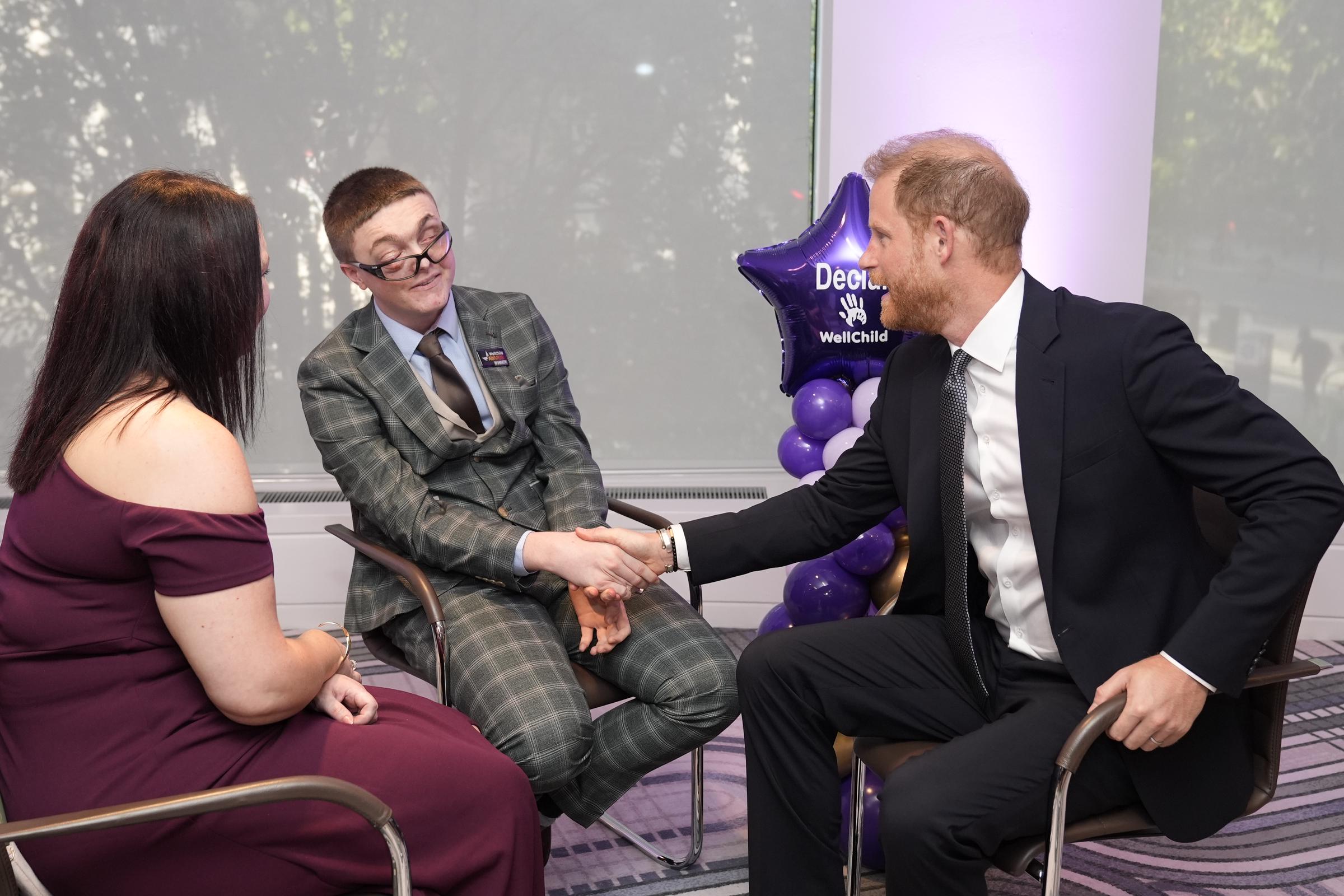 Prince Harry, Duke of Sussex shakes hands with Declan Bitmead at the annual WellChild Awards 2025 held at the Royal Lancaster Hotel in London, England on September 8 | Source: Getty Images