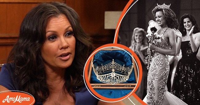Vanessa Williams pictured during an interview with Larry King [Left] Williams's Miss America crown [Centre] Williams crowned as Miss America in 1983. | Photo: Youtube/Larry King & Twitter/VWOfficial & Getty Images