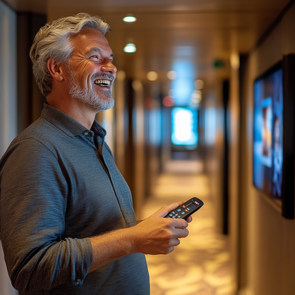 A laughing man with a TV remote in a hall | Source: Midjourney