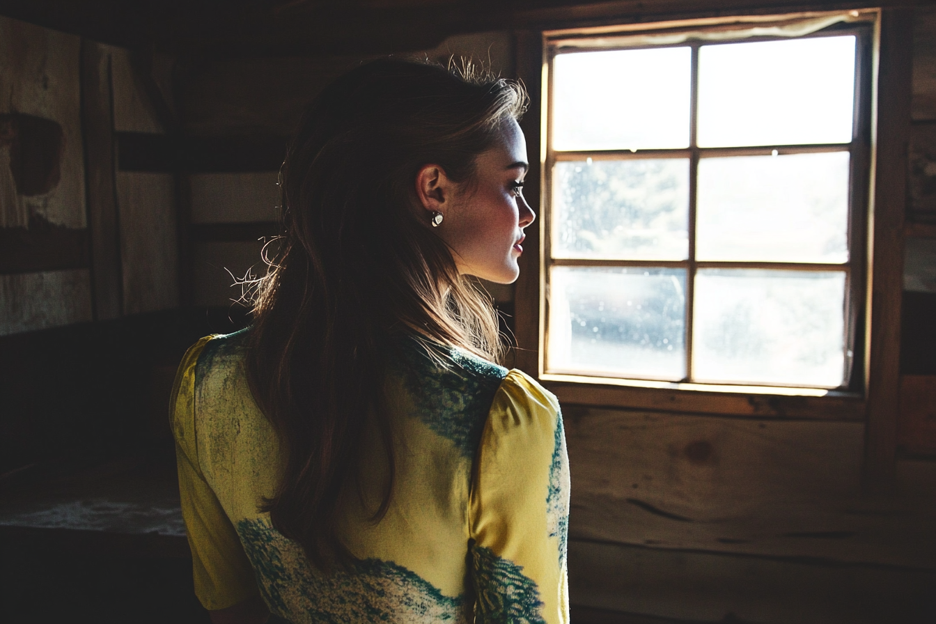 A woman standing inside an old cabin | Source: Midjourney