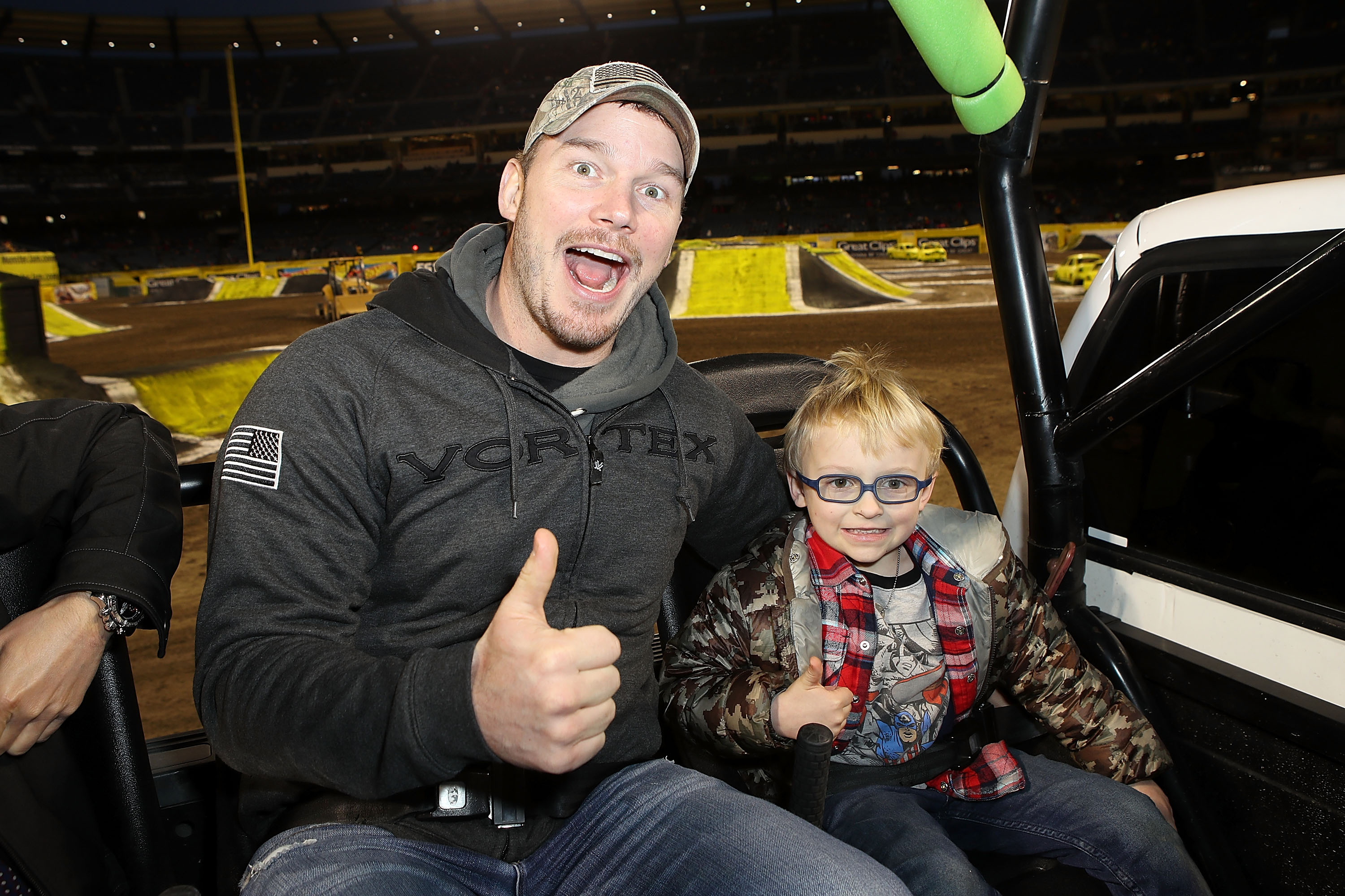 Chris Pratt and his son Jack at the Monster Jam Celebrity Event at Angel Stadium on February 24, 2018, in Anaheim, California. | Source: Getty Images