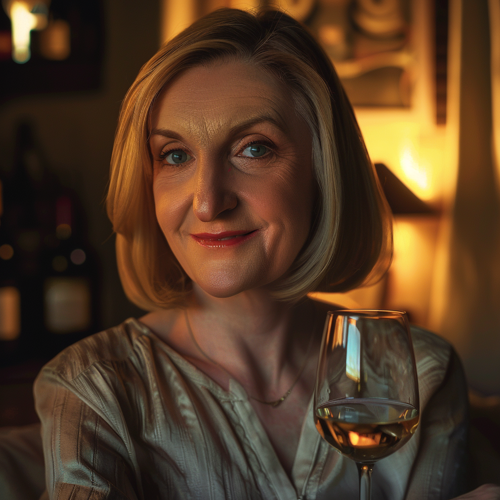 A smiling older woman holding a glass of wine | Source: Midjourney