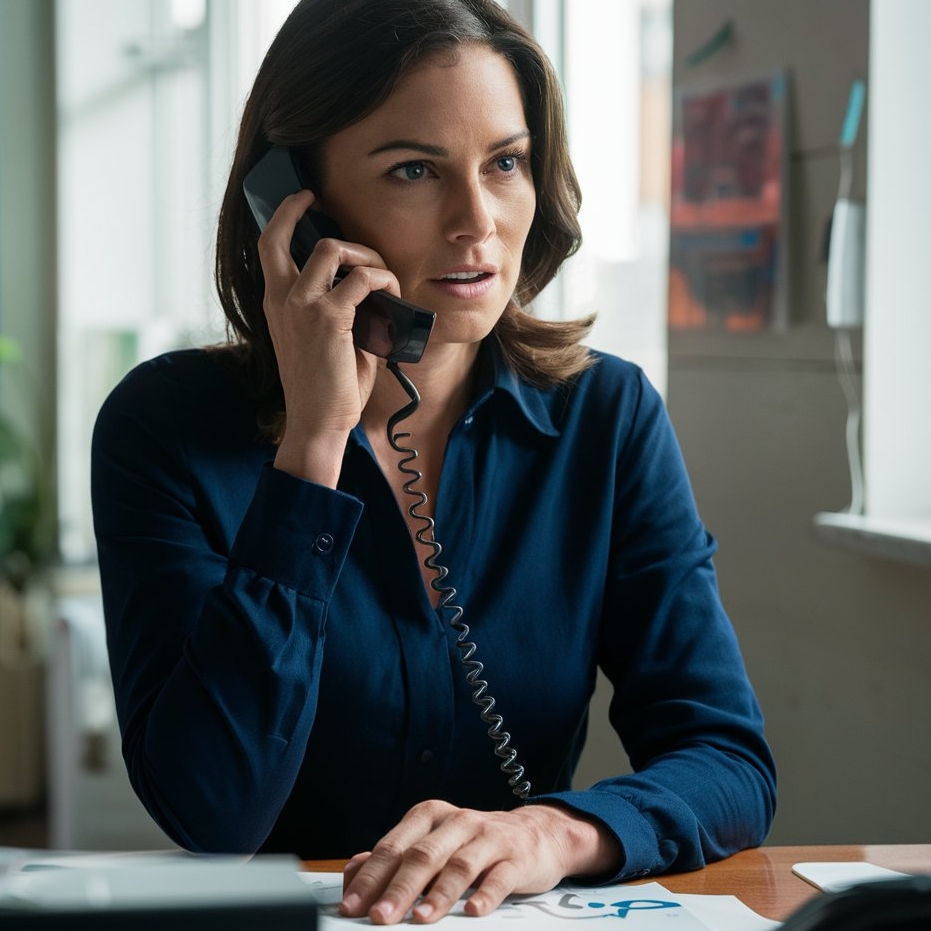 A woman placing a call in an office setting | Source: Midjourney