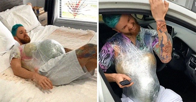 A man imitates a pregnant woman and struggles to get out of bed and the car because he has melons strapped to his body | Photo: TikTok/maitlandhanley