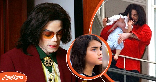 Michael Jackson after a court session on March 17, 2005 [left], Prince Michael Jackson II at the U.S. Steel Yard on August 30, 2012 [center], Michael Jackson holding Blanket over the balcony of the Adlon Hotel on November 19, 2002 in Germany [right] | Source: Getty Images