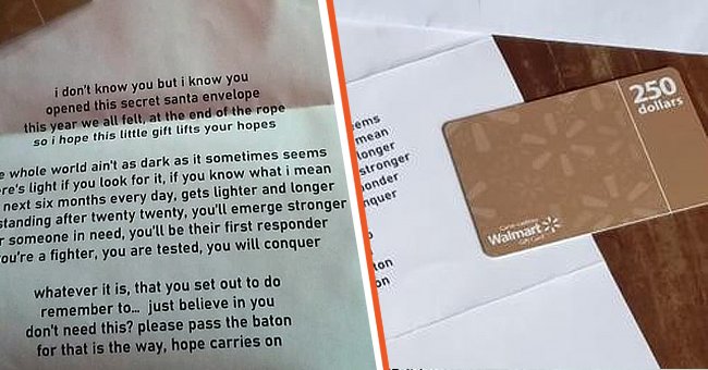 The heartwarming poem on hope, courtesy of Secret Santa. [Left] Secret Santa's $195 (C$250) Walmart gift card for the Edmonton neighborhood. | Photo: instagram.com/lishisawesome | facebook.com/christina.ignaciodeines