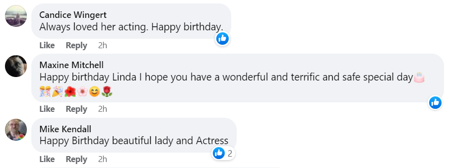 Fan comments on a Facebook post celebrating Linda Hunt's 78th birthday on April 3, 2023 | Source: Facebook/Sharing is Caring