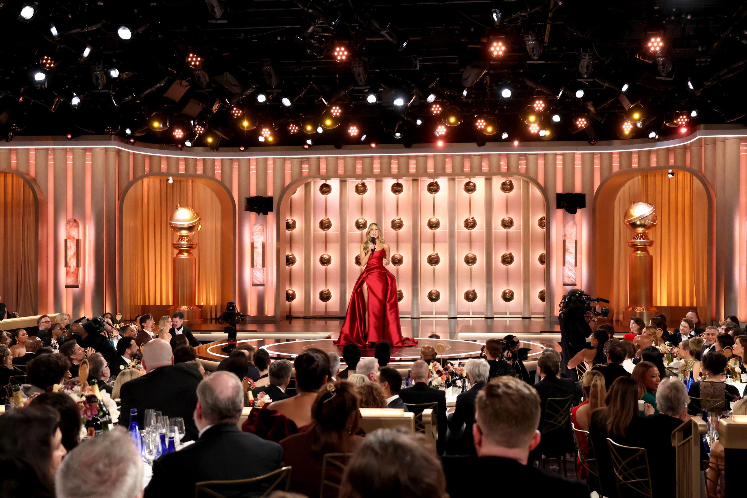 A wide view of the 83rd Golden Globes stage, where Nikki Glaser stood as host on January 11, 2026 | Source: Getty Images