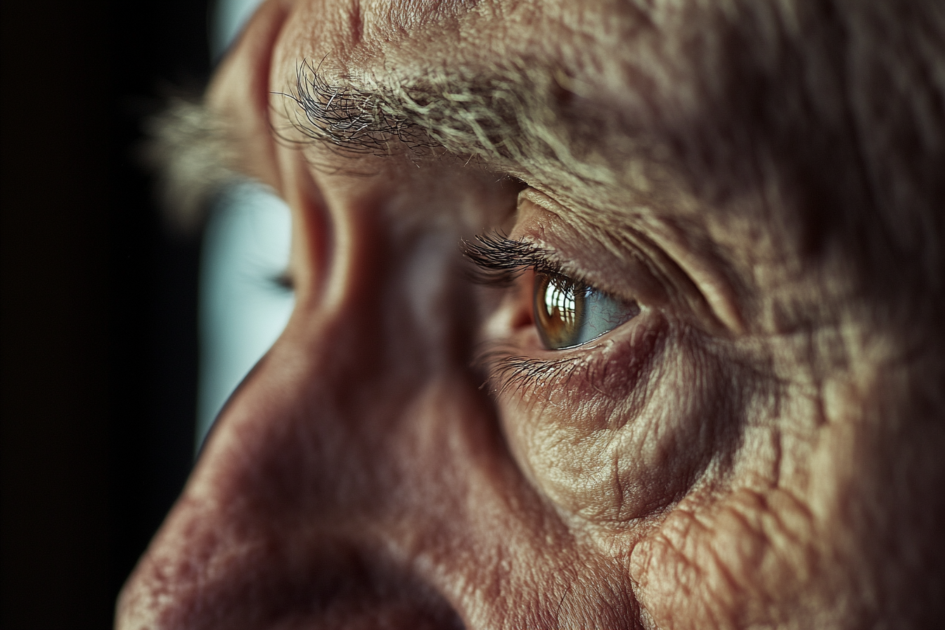 Close-up side view of a heartbroken older man's eyes | Source: Midjourney