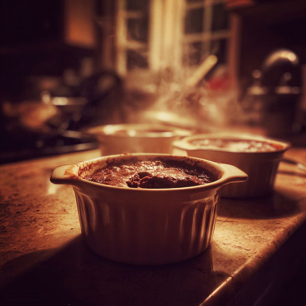 Bowls of chocolate pudding on a counter | Source: Midjourney