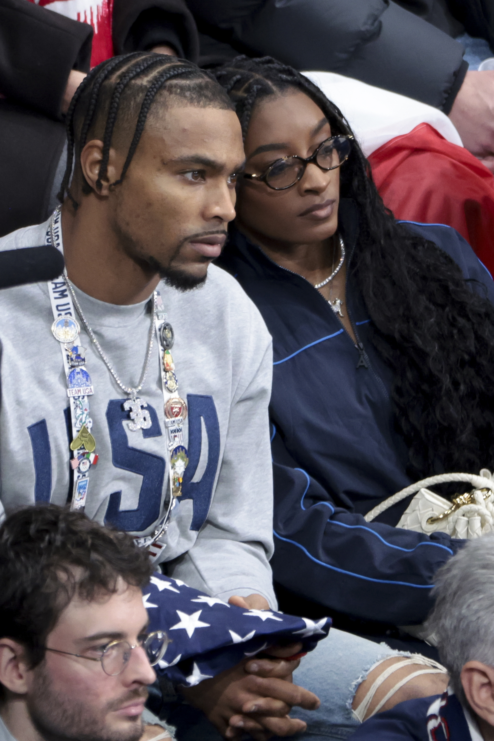 Jonathan Owens and Simone Biles attend the Figure Skating Pair Skating Free Skating event during the Winter Olympic Games at the Milano Ice Skating Arena on February 16, 2026, in Milan, Italy | Source: Getty Images