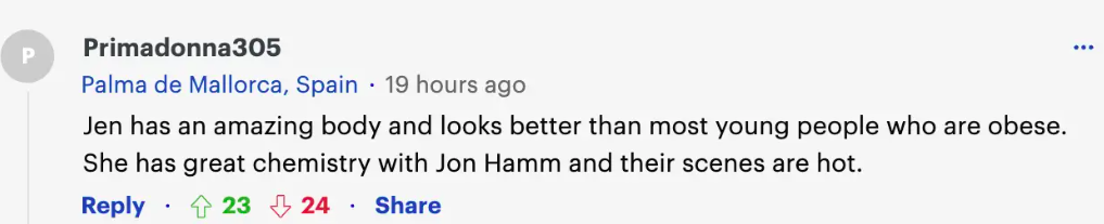 Fan comment about Jennifer Aniston and Jon Hamm, dated October 11, 2023 | Source: Daily Mail