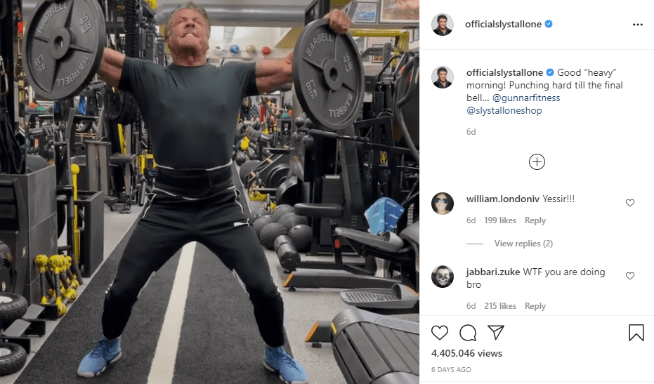 Sylvester Stallone lifting weights above his head. | Photo: Instagram/officialslystallone/