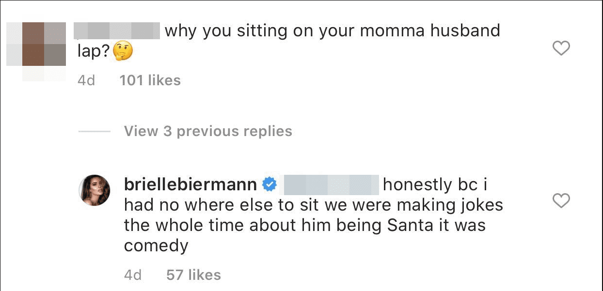 A fan's comment and Brielle's response under a picture on Brielle's Instagram page. | Photo: Instagram/@briellebiermann