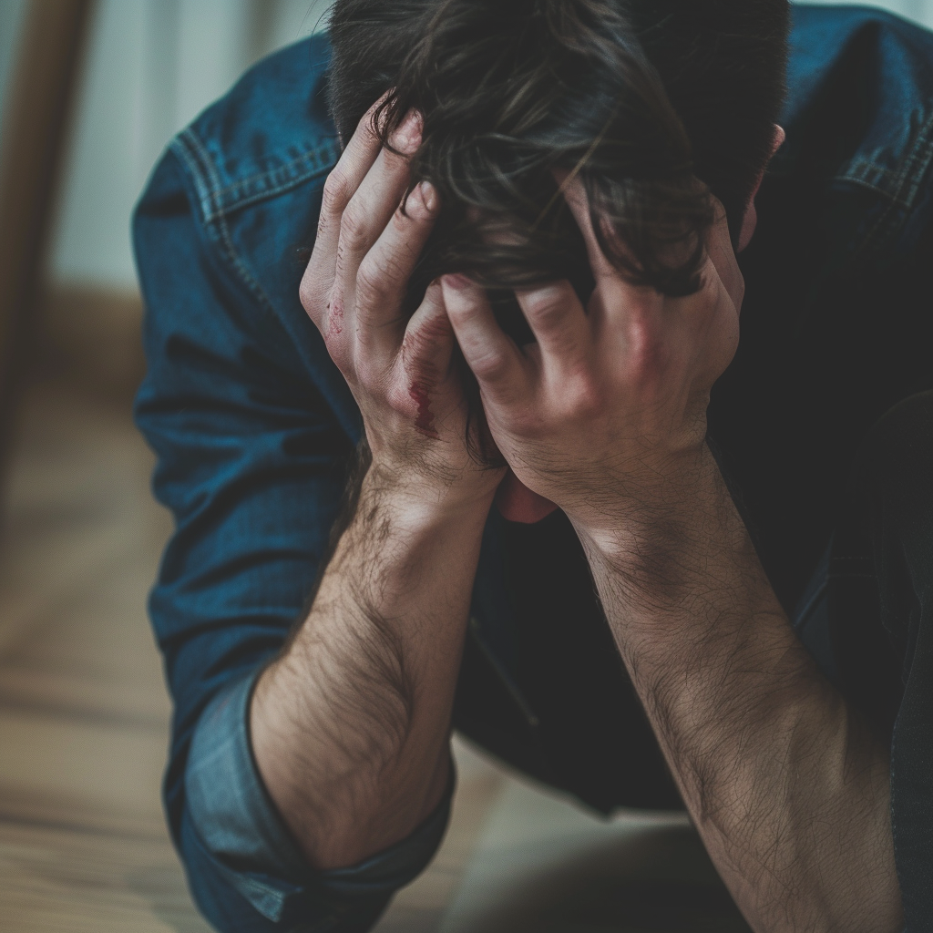 A heartbroken man covering his face with both hands | Source: Midjourney