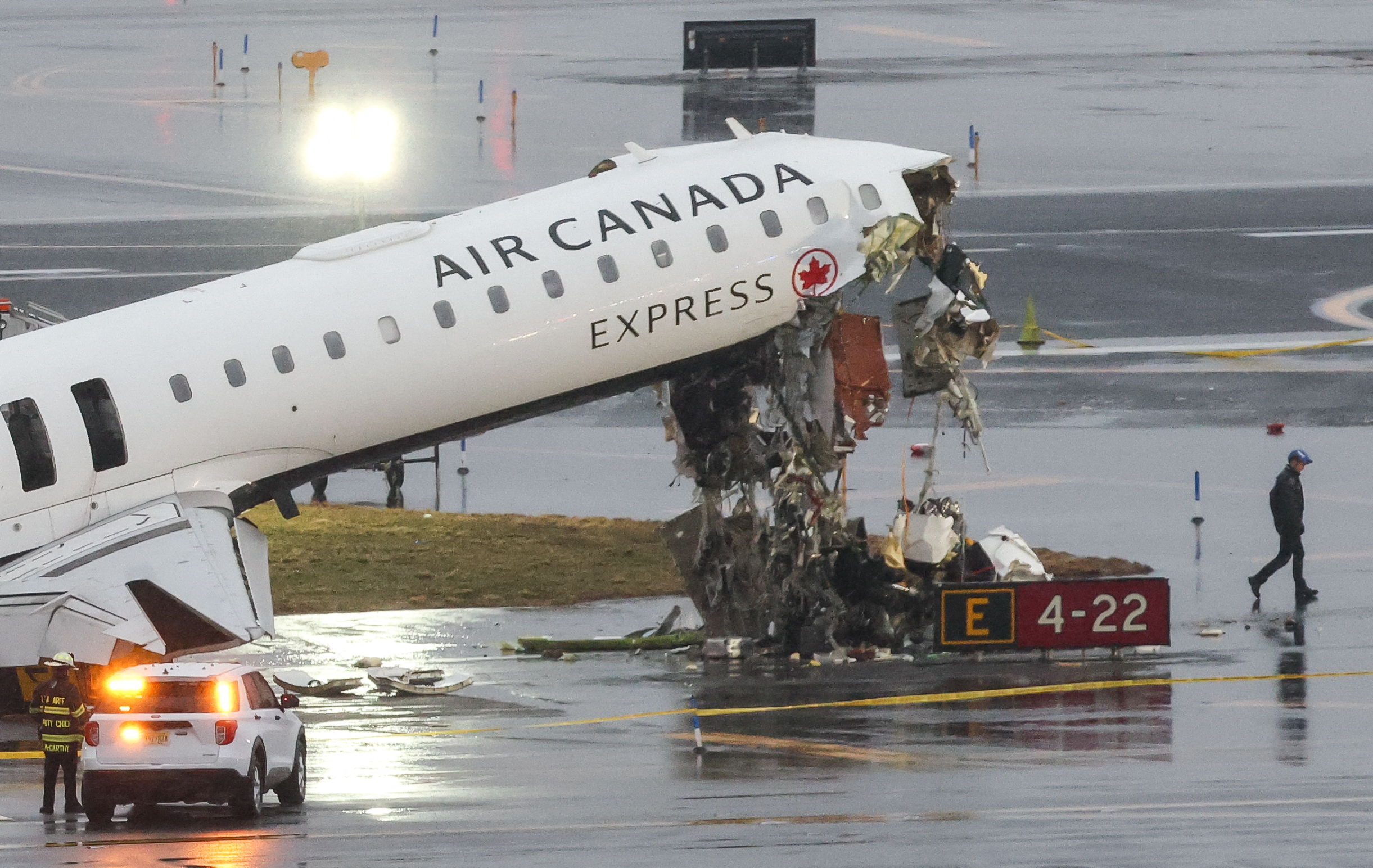 The accident site is seen at LaGuardia Airport after an Air Canada plane collided with a fire truck while landing on March 23, 2026, in New York City | Source: Getty Images